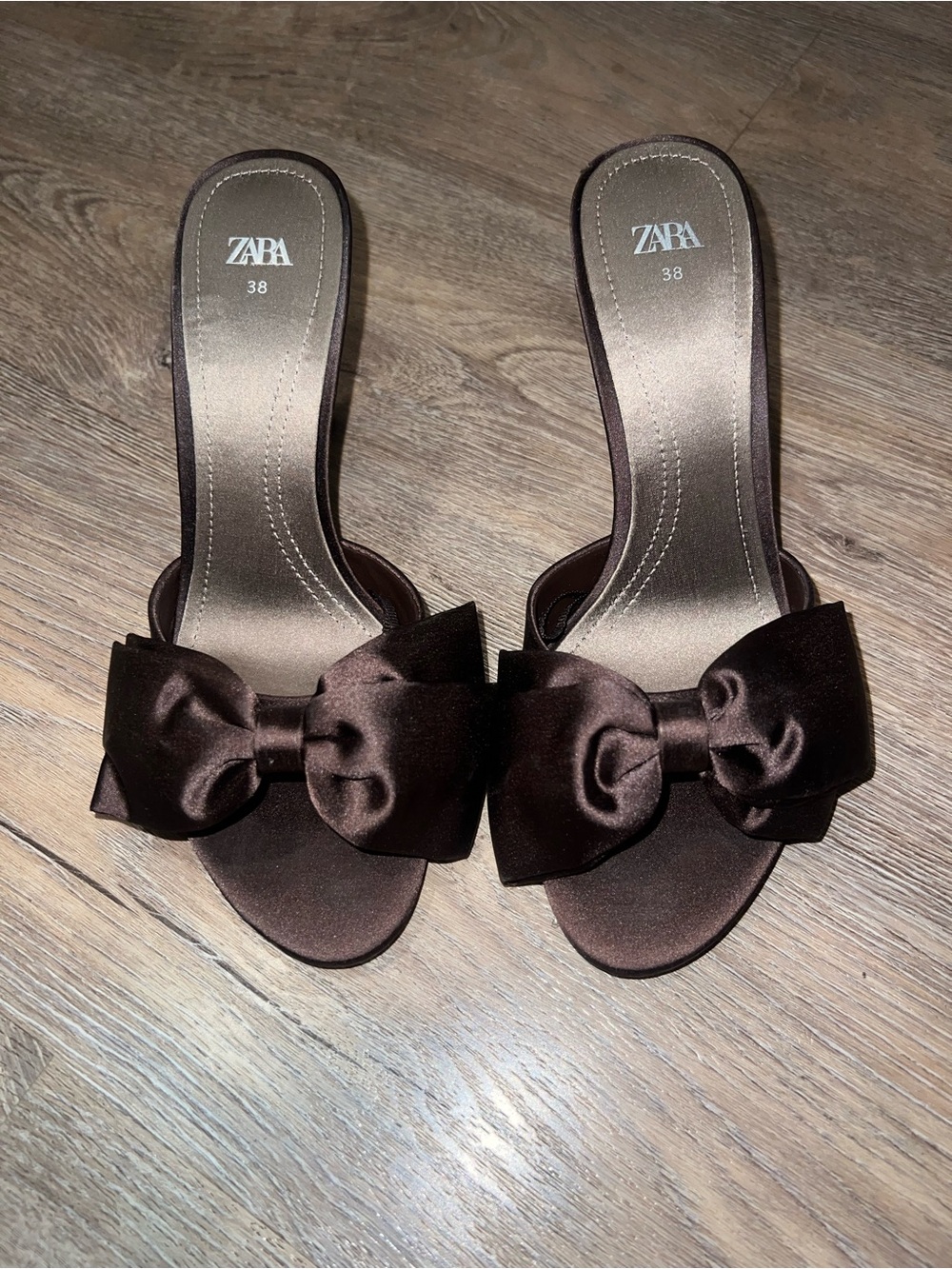 ZARA Dark Brown Satin Bow Slide Mules
